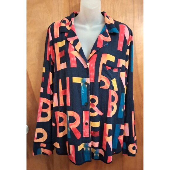 SOMA Pajama Top multi-color Print XL Long Sleeve Soft Knit Button Down Blue - Picture 2 of 6